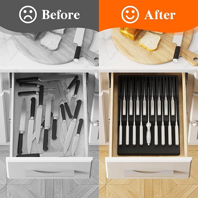Lifewit Magnetic Drawer Knife Organizers Insert, Kitchen Plastic In Drawer Knife Block Slots for 16 Knives and 1 Sharpening Steel, Extra Large Steak Chefs Knives Holder Storage Sets, Black