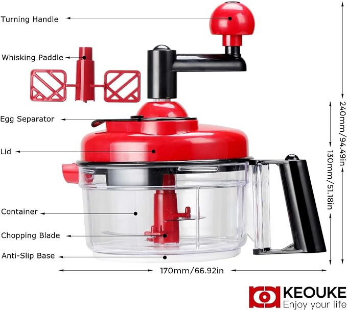 KEOUKE Hand Crank Food Chopper Red - Manual Food Processor with Egg Separator, Labor-Saving, Easy to Clean, Large Vegetable Mixer Blender for Onion, Garlic, Salad, Salsa, Nuts, Meat, Fruit, etc