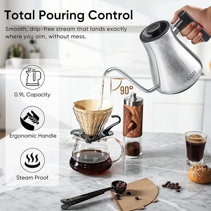 COZII Gooseneck Electric Kettle with ±1°F Temperature Control, 1200W Quick Heating for Pour Over Coffee & Tea, 0.9L Water Boiler with 24H Keep Warm & Auto Shut Off, Stainless Steel Interior, Silver