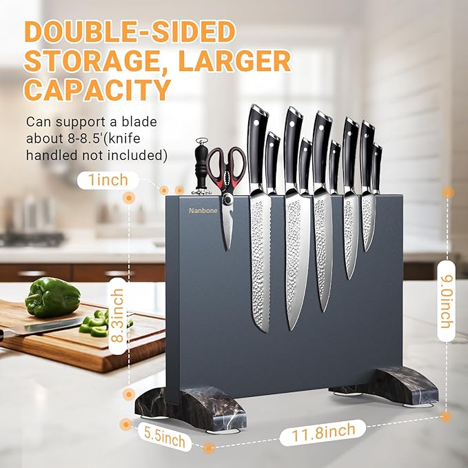 Magnetic Knife Block Without Knives Black Stainless Steel Magnetic Knife Holder Stand with Strong Knife Magnet Double Side Knife Magnetic Strip Knifes Storage Organizer for Kitchen Counter Top