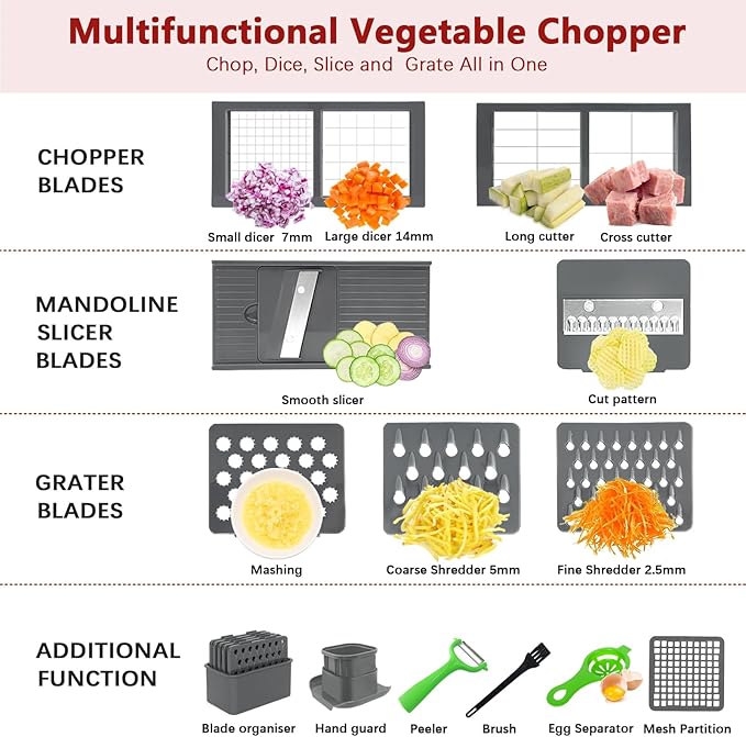 Vegetable Chopper, Onion Chopper Dicer, Mandoline Slicer, Food Chopper with Container, Vegetable Cutter for Salad Potato Carrot Garlic（9 Blades, Grey）
