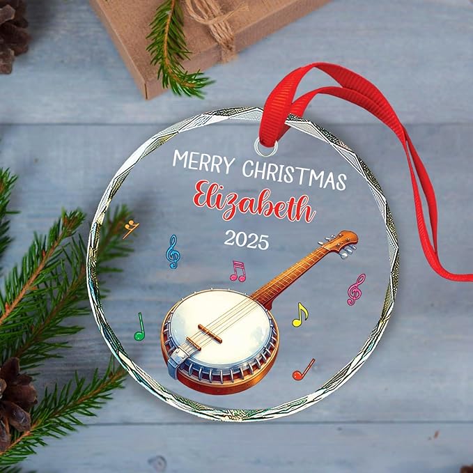 Personalized Text & Name Musical Instrument Glass Ornament, Banjo Christmas Ornament Gifts for Instrumentalist, Custom Banjo Players Keepsake Xmas Tree Decor, Banjoist Glass Ornaments Christmas 2025