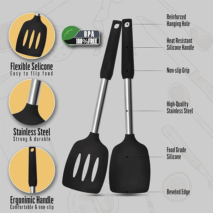 Silicone Spatulas set for kitchen: Heat Resistant Turner & Slotted Silicone Spatula for Cooking, Non Toxic Kitchen Utensils, Ideal kitchen spatula turner for Eggs & Pancakes - Black