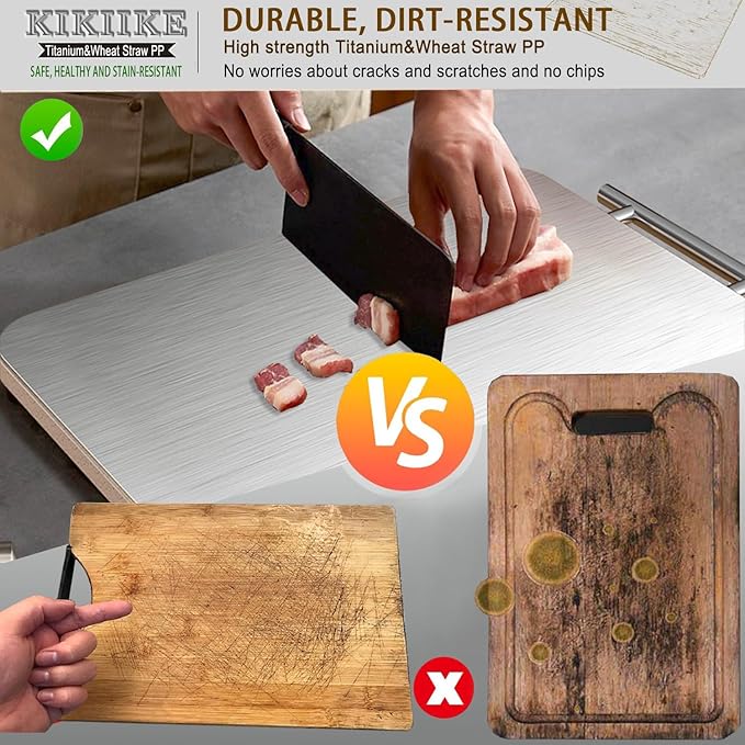 Titanium Cutting Board Double Sided Pure Titanium Cutting Boards for Kitchen, Pure titanium & Wheat Straw PP Food Grade metal chopping boards Easy to Clean Large Size