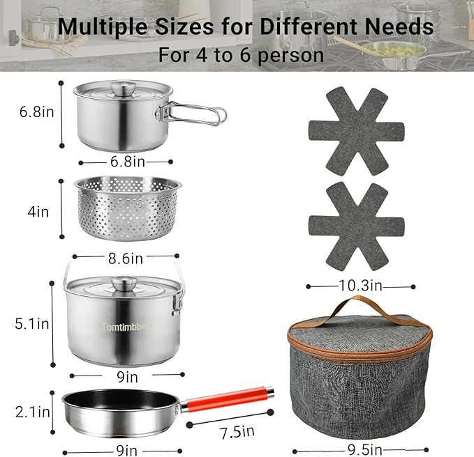 Camping Cookware Set 304 Stainless Steel Cooking Pots Pan Set with Travel Tote Bag for Camping Outdoor Kitchen Cooking Picnic for 4-6