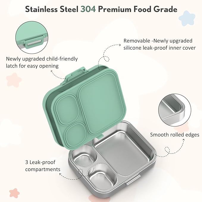 Stainless Steel Bento Box Kids, Leak Proof Metal Bento Lunch Box,3 Compartments 304 Stainless Steel Bento Lunch Containers for School and Office, BPA-Free(Green)