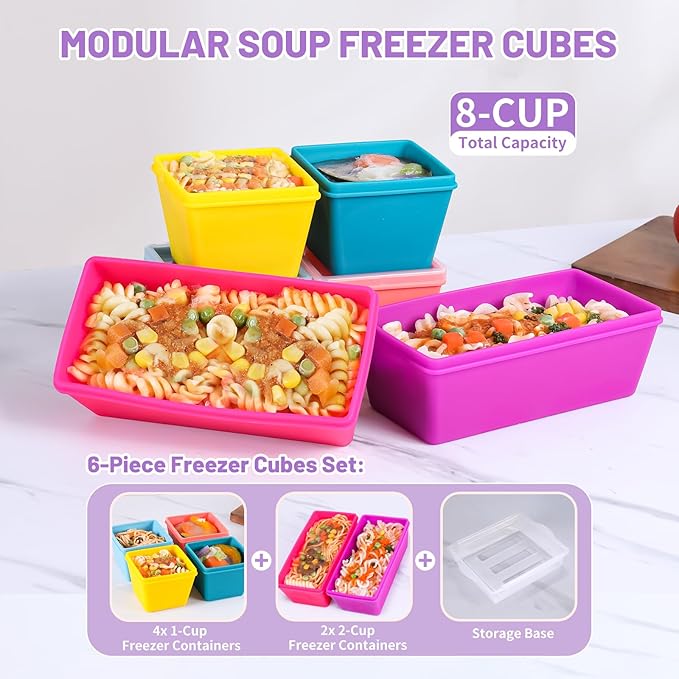 Gemice BPA-Free Silicone Freezer Molds with Base, Individual 6-Pack 1-Cup & 2-Cup Portion Soup Cubes Freezer Tray with Lids for Food Storage, Dishwasher Safe, Silicone Freezer Containers for Meal Prep