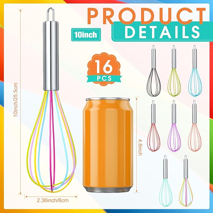 Domensi 16 Pcs 10 Inch Whisks Bulk for Cooking Silicone Whisks Non Scratch Stainless Steel Hand Coated Metal Heat Resistant Egg Beaters for Classroom Cook Party Favor Gift Supplies