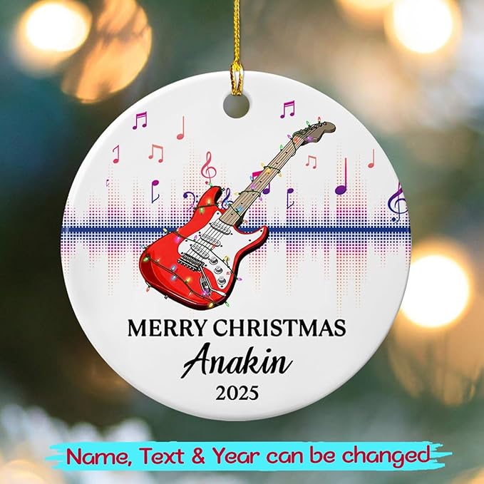 Customized Year Text Name Guitar Bass Player Ornament Gift for Daughter Son Husband Wife Dad Mom, Personalized Guitar Bass Instrument Christmas Ornament 2025, Guitarist Appreciation Ceramic Ornaments