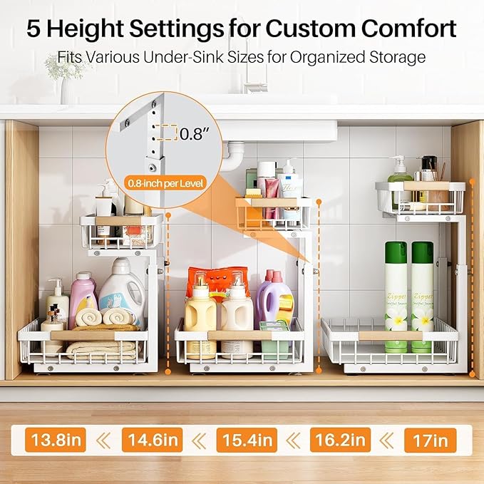 PXRACK 2 Pack Under Sink Organizer,Adjustable Height,2 Tier Pull Out Under Cabinet Organizer,Slide Out Thickened Metal Under Sink Storage for Kitchen Bathroom Laundry Cabinet Pantry,White