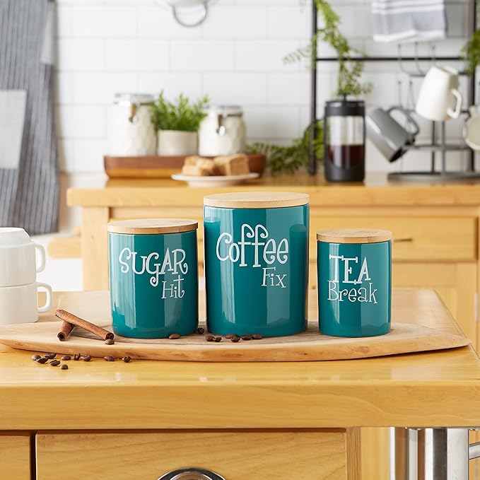 DII Kitchen Accessories Retro Collection Ceramics, Canister Set, Teal, 3 Piece