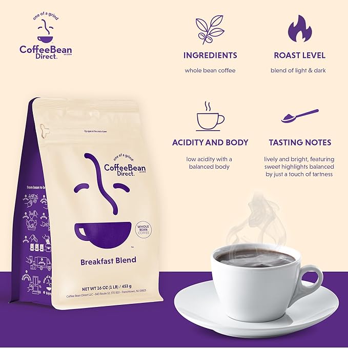 Coffee Bean Direct Breakfast Blend, Whole Bean Coffee, Mild and Mellow, Mixed Roast Level, 1 Pound Bag (Pack of 1)
