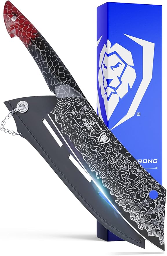 Dalstrong Crixus Chef Knife - 8 inch - Scorpion Series - Exclusive Japanese V12 Ultra™ Steel - Black Damascus - Black & Red Honeycomb Resin Handle - Versatile Chopping Kitchen Knife Leather Sheath