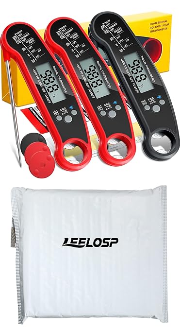 Leelosp 3 Pcs Digital Meat Thermometer with Probe Waterproof Fast Read Food Thermometer Kitchen Grilling Cooking with Backlight Magnet and Calibration for Baking BBQ(Red, Black)