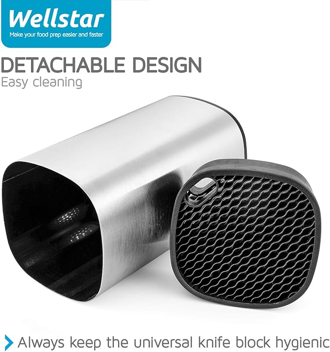WELLSTAR Universal Knife Block Holder, Stainless Steel Knife Stand Without Knives, Safe Space Saver Large Volume Stable Knife Storage with Scissors Slot, Detachable for Easy Cleaning - Square