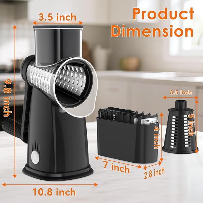 5 Blade Rotary Cheese Grater and Vegetable Chopper with Storage Box and Hand Crank, Compact Shredder for Cheeses, Veggies, Nuts - Easy to Use, Non-slip Suction Base,Black