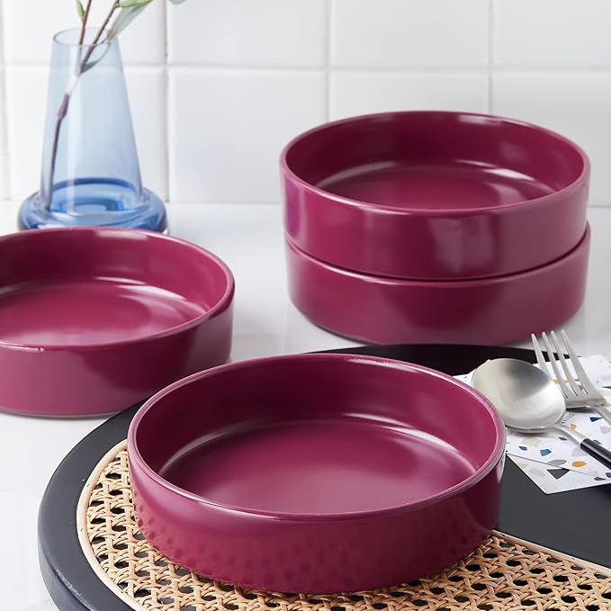 Stone Lain Cleo Modern Stoneware 16-Piece Dinnerware Set, Plates and Bowls Set, Dish Set Service For 4, Magenta