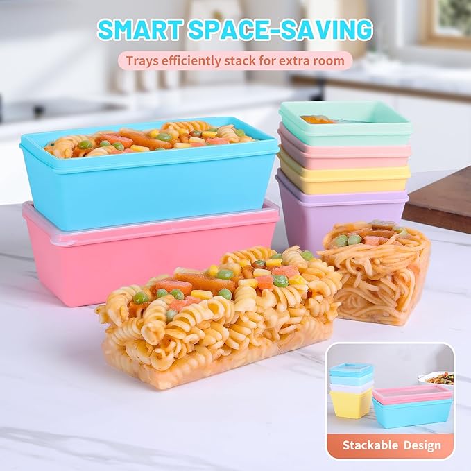 Gemice BPA-Free Silicone Freezer Molds with Base, Individual 6-Pack 1-Cup & 2-Cup Portion Soup Cubes Freezer Tray with Lids for Food Storage, Dishwasher Safe, Silicone Freezer Containers for Meal Prep