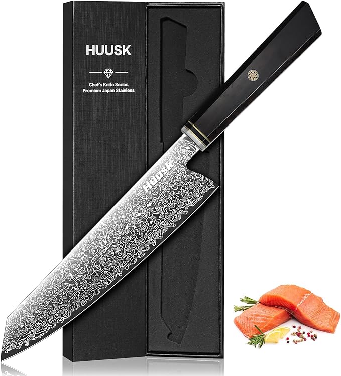 Huusk Damascus Kiritsuke Knife 8 inch - Japanese Knives with Wooden Handle, Hand Forged Chef Knives for Home Use, Razor Sharp Cooking Knife, Birthday Gift for Men