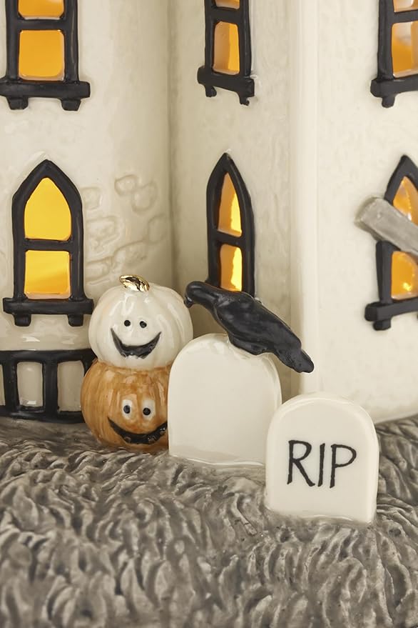 Lenox Vintage Halloween Light-Up Manor Figurine, 8.25-Inch, Porcelain Haunted House, Halloween Decor Indoor, Pumpkins, Ghost, Fall Decor Spooky Table Decoration (1 Piece) 3 AAA Batteries Not Included