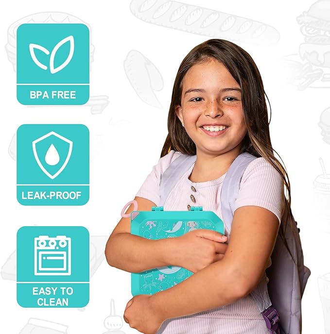 Itslife Bento Lunch Box Set for Kids with 12oz Soup Thermo&Lunch Bag, Leak-Proof Lunch Food Containers for Kids School, 5 Compartment, Sauce Cup, 10 Notes (Mermaids Green)