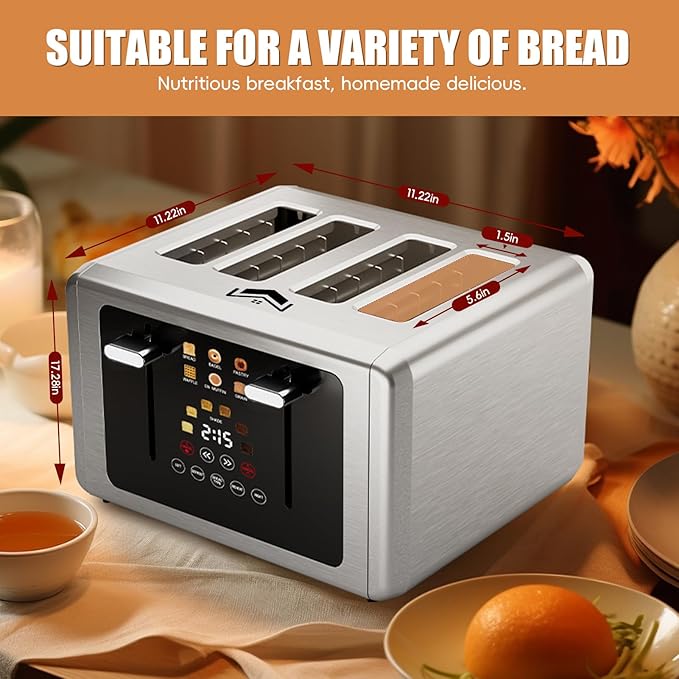 Touch screen Toaster 4 slice,Stainless Steel Digital Timer Toasters with Sound/Screen-Off Function,6 Bread Types & Shade Settings,Smart 1.5 Wide Slots Toaster with Bagel,Defrost,Stainless Steel