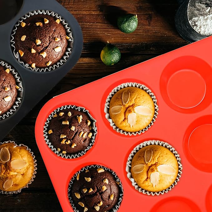 Silicone Muffin Pan Set,2 Pcs 2.8" 12 Cups Egg Bite Mold,Non-Stick,Easy Release,For Egg Muffins, Cupcakes, Large Muffins,Pizza Muffins,Cheesecakes(Black + Red)