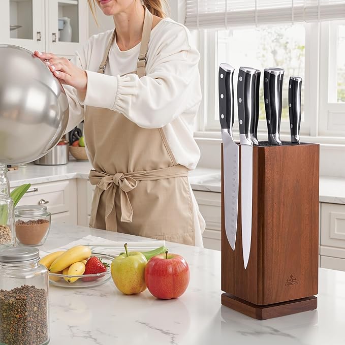 360° Rotating Magnetic Knife Block without Knivies, Acacia Wood Knife Holder with Removable Bristles, Large Capacity Knife Storage Organizer for Kitchen Countertop