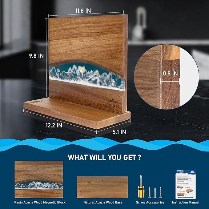 Original Sea Wave Magnetic Knife Block, Double Sided Knife Holder Holds Up To 10 Knives, Wooden Knife Storage Organizer for Counter Top without Knives (12 X 10 Inches)