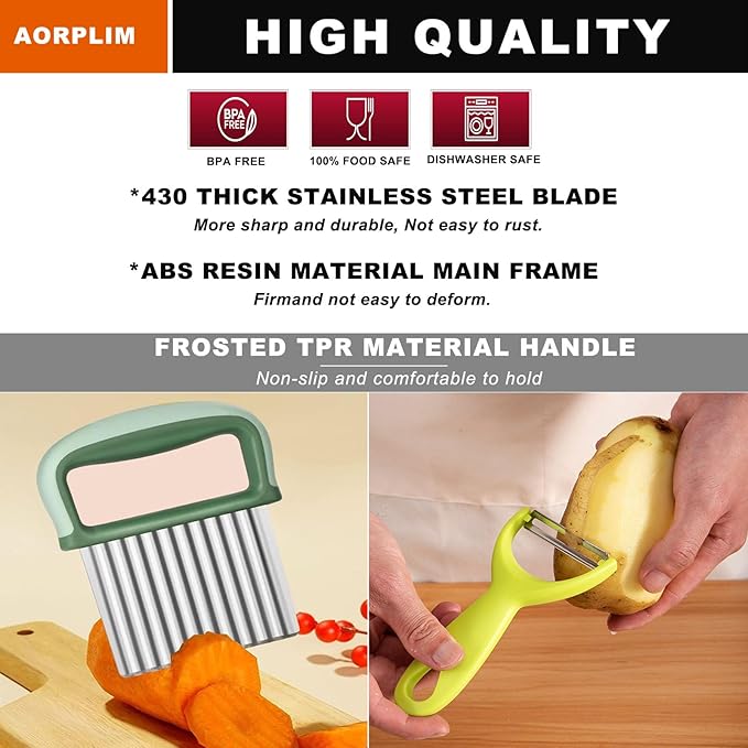 Crinkle Cutter and Vegetable Peeler 2 PCS, Wave Slicer Fry Cutter with Stainless Steel Blade Food-safe for Veggies, Handheld Vegetable Chopper, Salad Garnishing Tool, DishwasherSafe