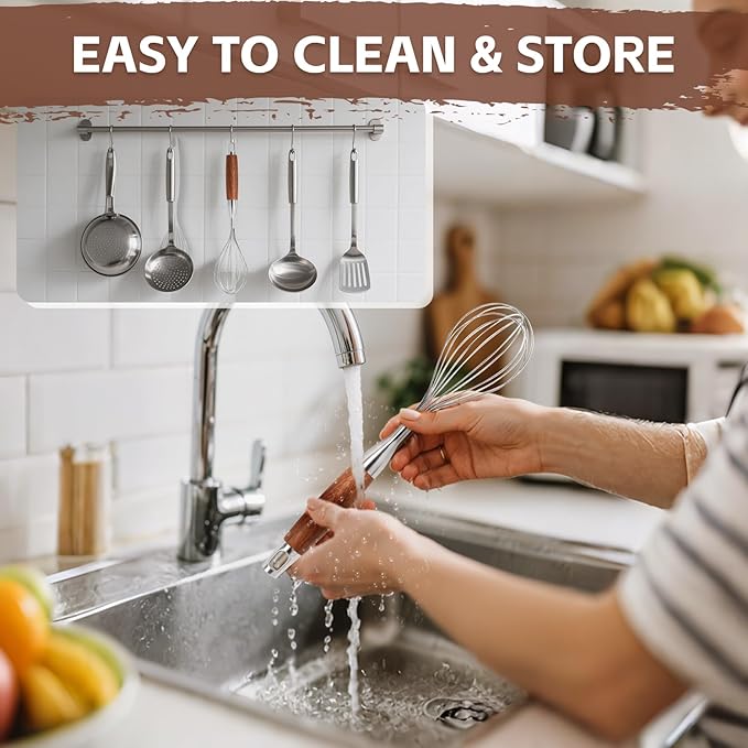 Stainless Steel Whisk Wooden Handle Metal Whisk Balloon Wire Baking Whisks for Cooking Kitchen Whisking Beating Blending 12inch
