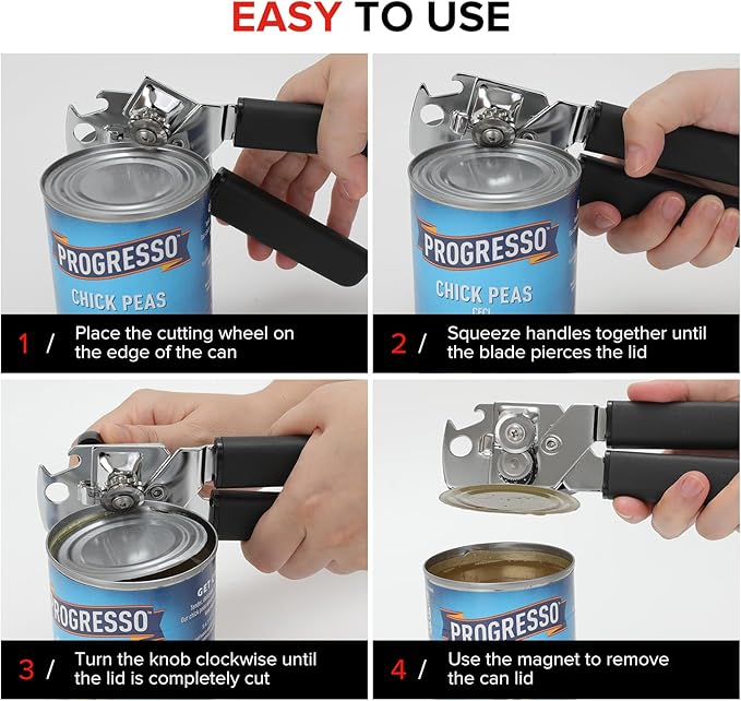 Can Opener Manual, MARSWELL Comfy Grip Can Opener Hand Held with Magnetic Lifter, Smooth Cutting Sharp Blade, Manual CanOpener for Seniors with Easy Turn Knob, Black