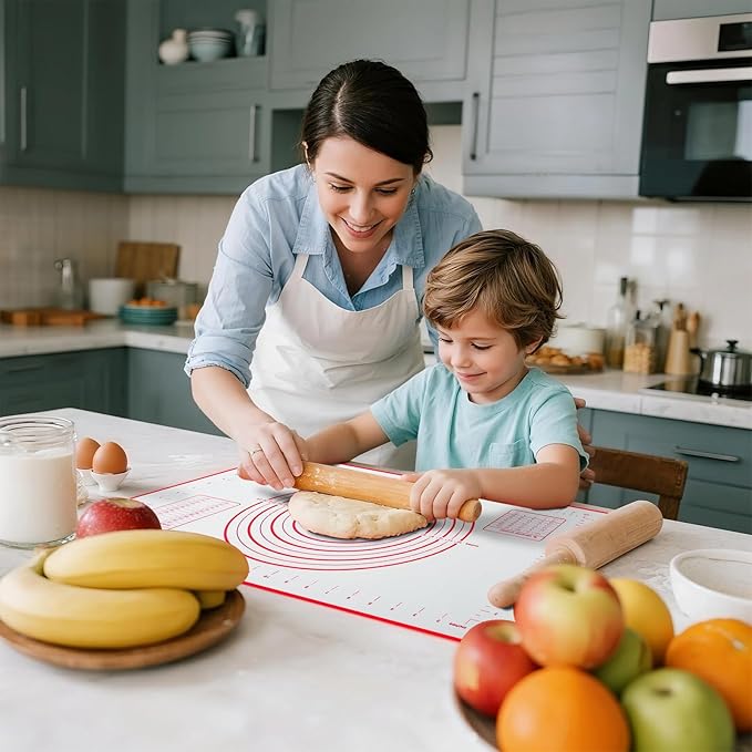 Silicone Baking Mat - Non Stick Pastry Mat Sheet for Dough Rolling, 0.7MM Thick Non-slip Baking Mat With Measurements, Reusable, Easy Clean Silicone Mats for Kitchen Counter (Red)