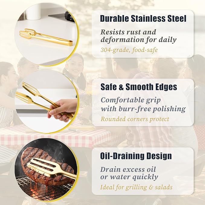 6 Pack Gold Serving Tongs 9 Inch Duty Durable Metal Food Tong, Stainless Steel Tongs for Serving Food, Weddings Parties Family Gatherings Kitchen Cooking Serving Clip