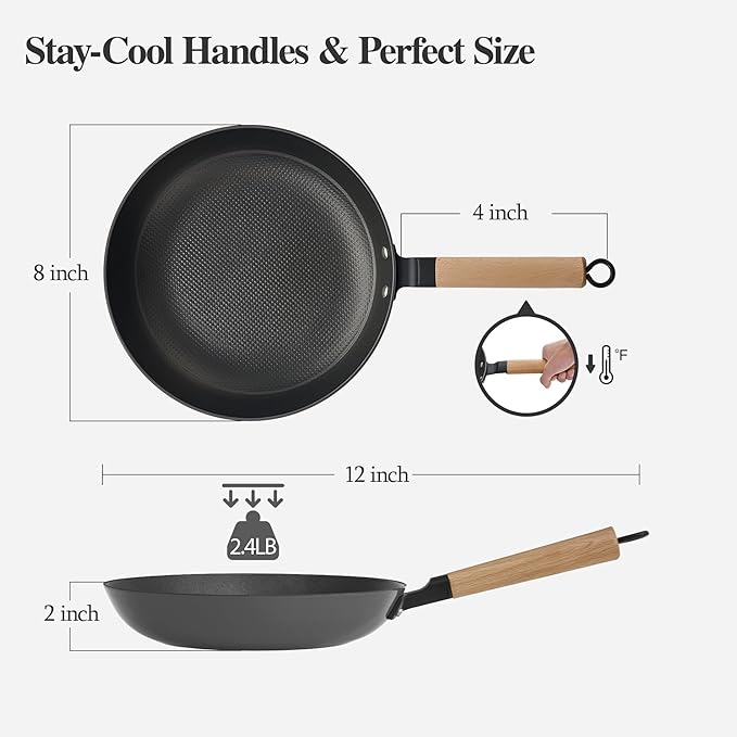 YUTANN 8" Pre-Seasoned Cast Iron Skillet, Lightweight Non-Stick Frying Pan with Detachable Wooden Handle, PFAS/PFOA Free, Dishwasher & Oven Safe (500°F)