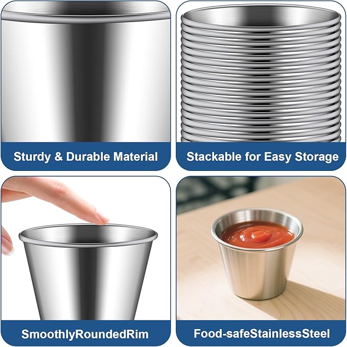 50 Pcs 2.5oz Metal Ramekins Stainless Steel Sauce Dipping Cups Ramekins Bulk Sauce Container Round Dipping Bowls Condiment Cup for Dish Butter Kitchen Restaurant Serving Party Dinner Cooking