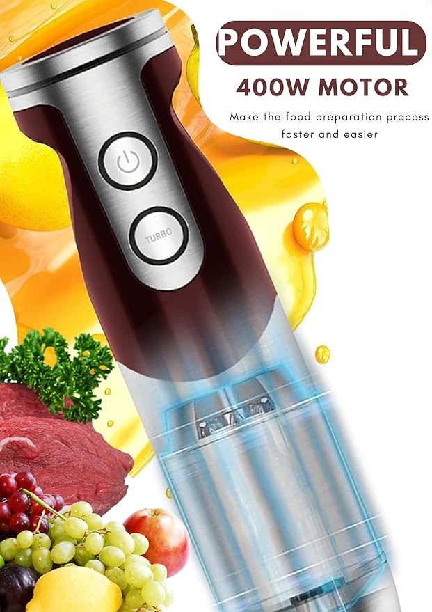 MegaWise Pro Titanium Reinforced 5-in-1 Immersion Hand Blender, Powerful Motor with 80% Sharper Blades, 12-Speed Corded Blender, Including 500ml Chopper, 600ml Beaker, Whisk and Milk Frother (Red)