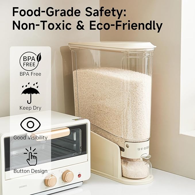 Rice Dispenser 22Lbs, Slim Rice Storage Container for Small Space, BPA-Free Clear Dry Food Dispenser Sealed Moisture Proof, Grain&Cereal Storage Bucket for Kitchen Pantry Household, Cream White