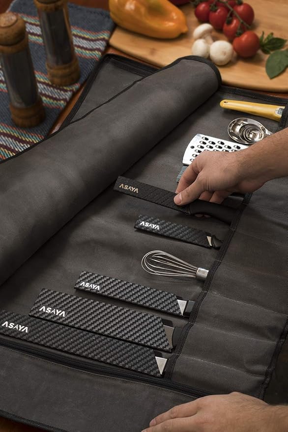 Asaya Canvas Chef Knife Roll Bag - 10 Knife Slots and a Large Zipper Pocket - Durable 10oz Canvas Knife Case with an Adjustable Shoulder Strap - Knives not Included