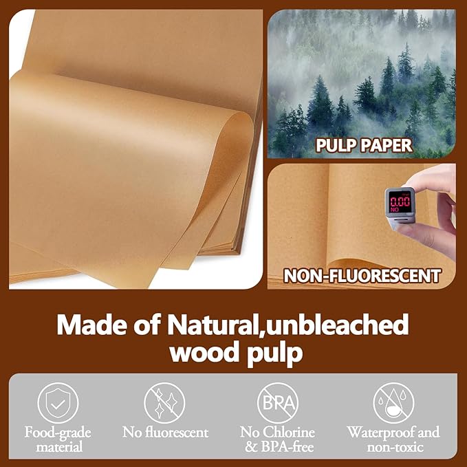 200PCS Thickened Precut Parchment Paper Sheets, 9×13 In Heavy Duty Non-Toxic & Unbleached Parchment Baking Paper for Baking, Grilling, Non-Stick & Comes in Convenient Packaging, Brown