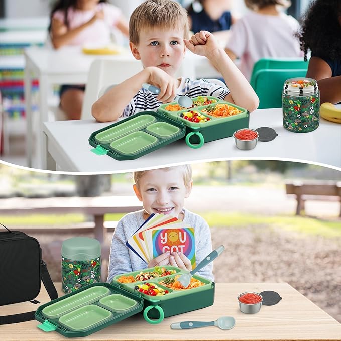 Bento Lunch Box for Kids with 12oz Soup Thermo Leak-Proof Lunch Food Container with 5 Compartment Thermo Hot Food Jar and Insulated Lunch Bag for Kid Toddler Girls Boys to School