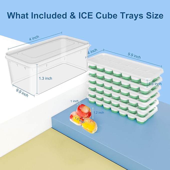 Ice Cube Tray, Ice Cube Trays for Freezer 6 Pack with Lid and Bin, Ice Tray Easy-Release, Ice Trays for Freezer Stackable, Silicone Ice Cube Tray for Drinks, Coffee - BPA-Free and Odor-Free