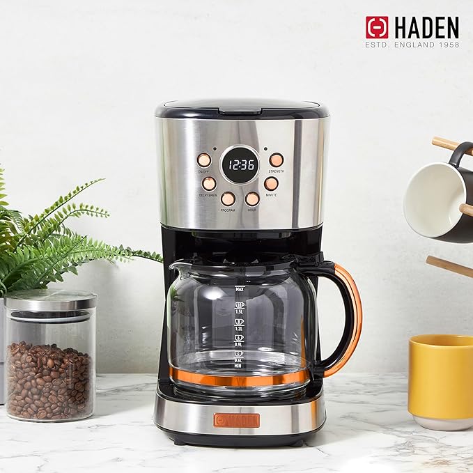 Haden Heritage 4 Slice Wide Slot Stainless Steel Toaster Bundled with 12 Cup Programmable Drip Coffee Maker Coffee Machine, Steel & Copper