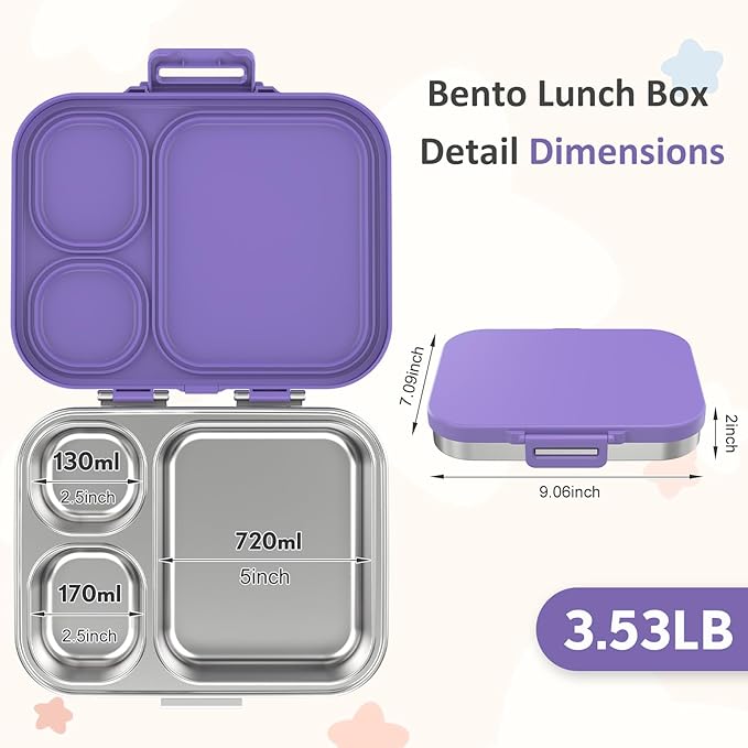 Stainless Steel Bento Box Kids, Leak Proof Metal Bento Lunch Box,3 Compartments 304 Stainless Steel Bento Lunch Containers for School and Office,BPA-Free(Purple)