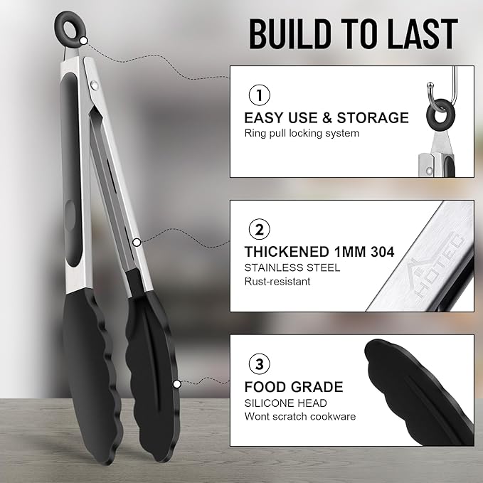 HOTEC Premium Stainless Steel Locking Kitchen Tongs with Silicon Tips, Set of 2-9" and 12"