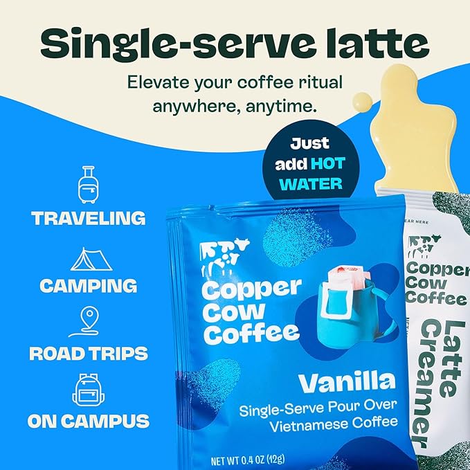Copper Cow Premium Vietnamese Coffee Variety Pack (15 Coffees & 15 Creamers)| Classic Black, Churro, & Vanilla Latte | Pour Over Single-Serve Lattes, No Refrigeration Needed, Travel Friendly
