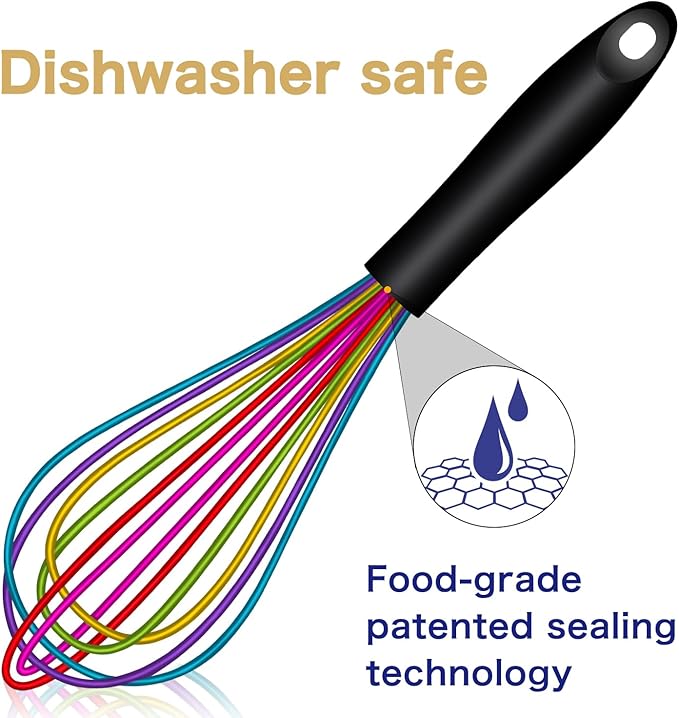 Dishwasher Safe Colorful Silicone Whisk, Sealed Waterproof Design Set of 3, Professional Kitchen Whisks for Cooking Non-Scratch, Silicone & Stainless Steel Whisk, Heat Resistant Balloon Egg Beater