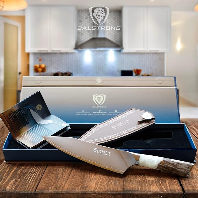 Dalstrong Chef Knife - 8 inch - Valhalla Series - 9CR18MOV HC Steel Kitchen Knife - White Resin & Wood Handle - Razor Sharp Chef's Knife - Kitchen Knife - Professional Cooking - Leather Sheath
