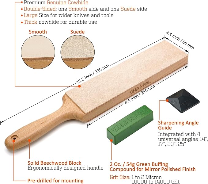SHARPAL 205H Double-sided Leather Strop (Genuine Cowhide) 13.2" x 2.4" Kit with 2 Oz. Polishing Compound & Angle Guide, Knife Stropping Block for Sharpening & Honing Knives tools, Woodcarving Chisels