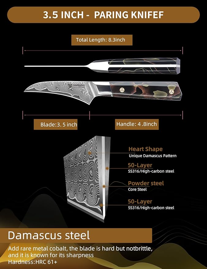 Bird Beak Paring Knife 3.5 Inch, Professional Kitchen Peeling Knife, Ultra Sharp Damascus Powder Steel with Full-tang Resin Handle, Bi Series